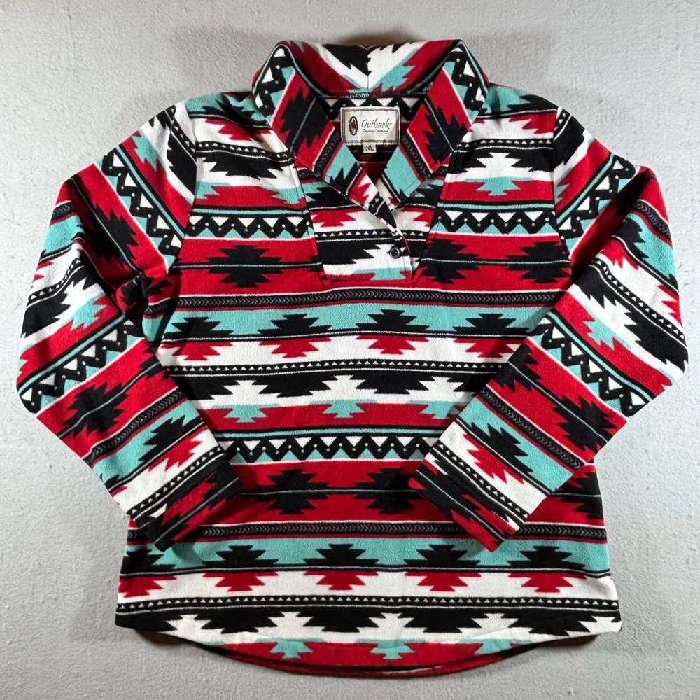 Outback Trading Company Southwestern Fleece Pullover Red Black Teal XL